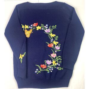 Vintage Cyn Les Shirlee Designs Womens M Embroidered‎ Sweater Butterfly Flowers